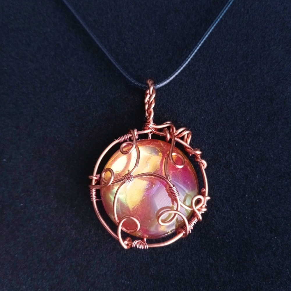Pink rose aurora opal copper wire wrapped round pendant 22" black Necklace New